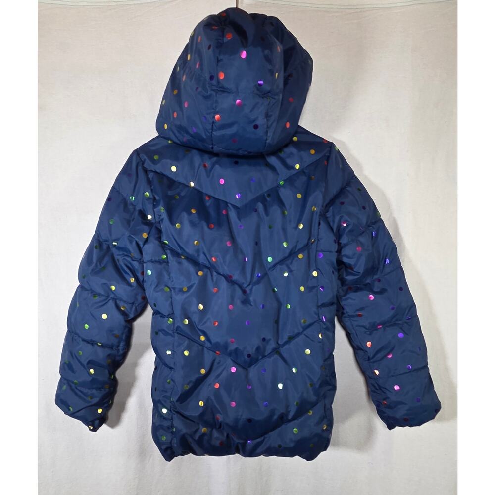 Swiss Tech Girls Lg Navy Blue Metallic Rainbow Polka Dot Puffer Jacket - Picture 2 of 6